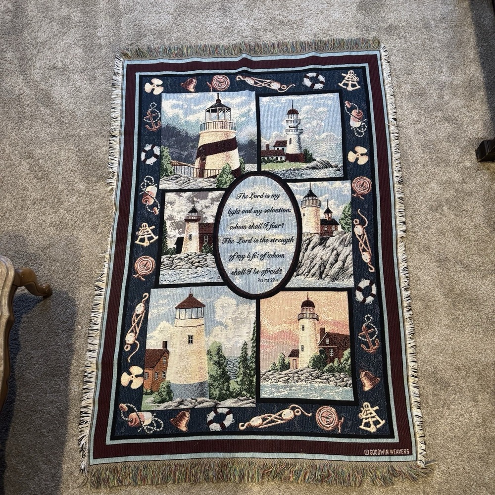 Goodwin Weavers Tapestry Throw/ Afghan Lighthouse with Psalm 27:1 in the middle